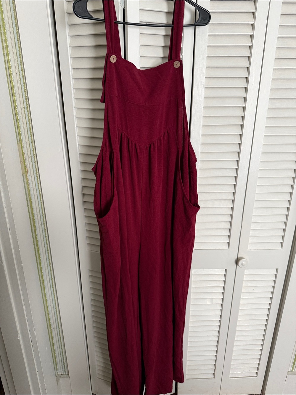 Adjustable-Strap Wine Red Wide-Leg Jumpsuit with Pockets